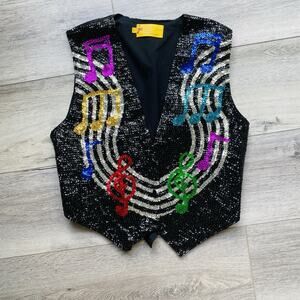 Sequin Music Note Vest Womens Size large Jazz 90’s Waistcoat Guitar Piano Emcee